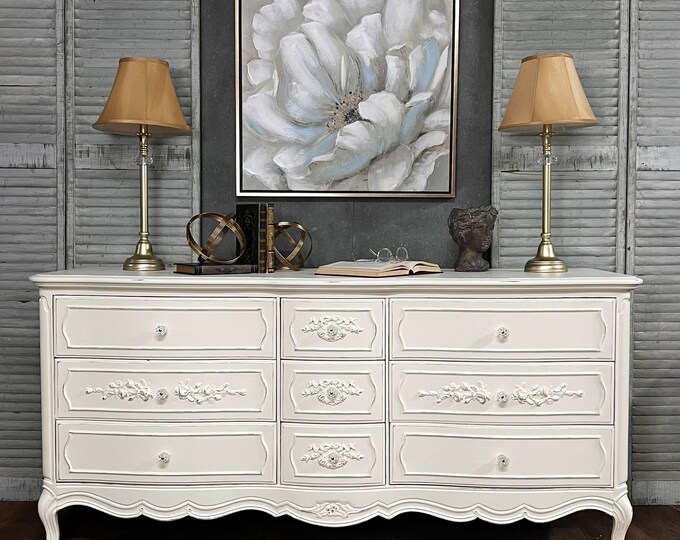 French Provincial Triple Dresser Painted Shabby Chic Creamy White With