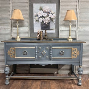 Vintage 1920s Jacobean Sideboard, Stormy Seas Blue Buffet Cabinet, Grandmillennial Farmhouse Furniture, Hidden Cubby