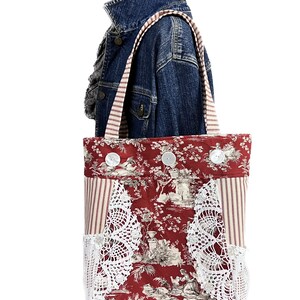 Bolso Tote para Mujer, Estampado Toile Rojo, Ticking Rojo, Tapetes y Botones Vintage, Boho Chic