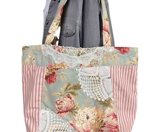 Tote Bag for Women, Peony Print linen, Pink cotton ticking fabric, Vintage Doilies and Buttons, Boho Chic