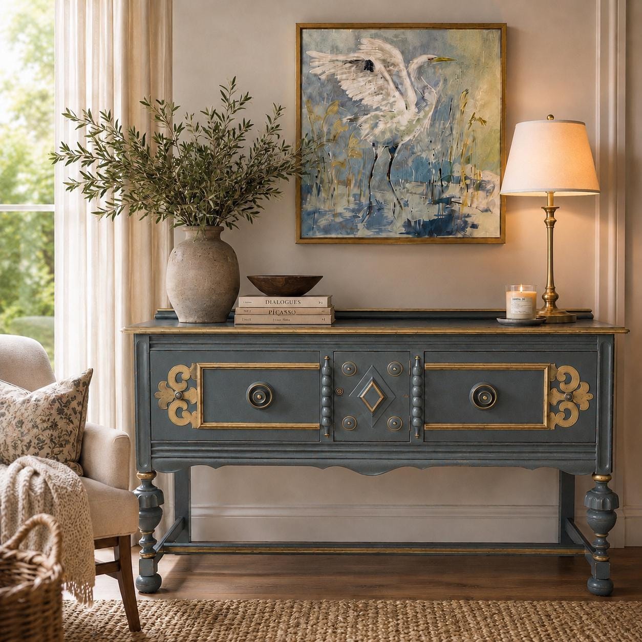 Old City Custom Epoxies カーボンショートボード 1920s Jacobean Sideboard, Stormy Seas Blue Buffet Cabinet