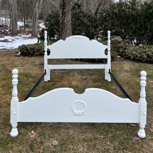 Painted White Queen Poster Bed - Cottage Chic Floral Appliqué