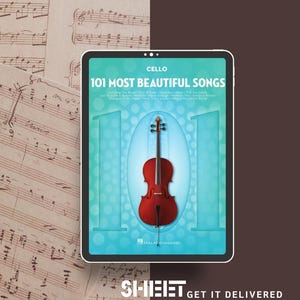 May include: A digital tablet displaying the cover of a music book titled 101 Most Beautiful Songs for Cello. The cover features a brown cello illustration against a light blue background with large white numbers 101 and the Hal Leonard logo.