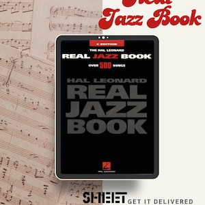May include: A digital tablet displaying "Real Jazz Book" by Hal Leonard, with over 500 songs. The cover is black with white text. The background features sheet music and the words "Sheet Music, Get it delivered to your email."