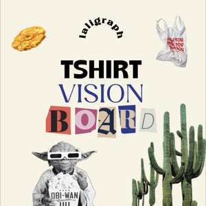 以下が含まれることがあります： TSHIRT VISION BOARDおよびlaligraphというテキストを含むグラフィックデザイン。黄色い質感のあるクッキー、thank youと書かれた白いビニール袋、緑色のサボテン、3DメガネをかけてOBI-WAN Cinemasのポップコーンバケツを持つフィギュアが描かれています。