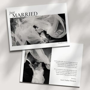 編集用写真駆け落ち告知テンプレート、クラシックな新婚、モダンな駆け落ち告知、両面、編集可能なテンプレート、7"x5"