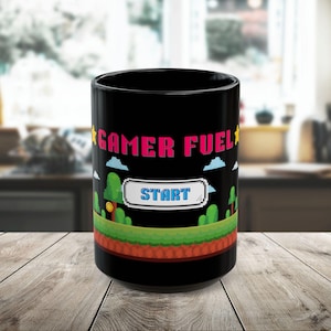 Gamer Fuel Coffee Tea Mug, Vintage Video Game Gift for Him Her Son Husband Brother Dad Friend, 8 bit 8-bit Super Bros, 11 oz 15 oz