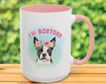I Love Boston Terriers Coffee Tea Cup Mug, I Heart Boston Terriers Coffee Mug, Boston Terrier Mug Gift, Dog Mom Mug, Dog Dad Mug, 11 15 oz
