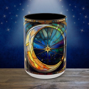 Celestial Moon & Stars Coffee Tea Mug, Celestial Moon and Star Stained Glass Art Coffee Tea Mug, Boho Mug, Starry Night Cosmic Mug, Mug Gift