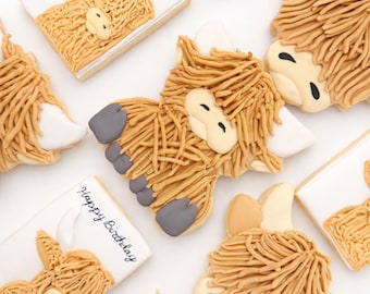 Galletas de azúcar con forma de vaca de las Tierras Altas / Recuerdos de animales de granja para cumpleaños y baby showers (docena)