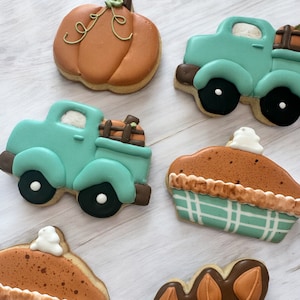 Fall Sugar Cookies: Pumpkin Truck, Pie, and Leaf Thanksgiving Decorated Cookies