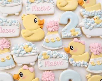 Dulces para baby shower con forma de patito de goma / Galletas de cumpleaños con forma de patito de la suerte, galletas de azúcar decoradas a mano (docena)