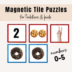 Op de afbeelding: Magnetische tegelpuzzels voor peuters en kinderen. De afbeelding toont zes vierkante tegels met rode en blauwe randen. De tegels tonen het nummer 2, twee koekjes, een hand die een vredesteken maakt en twee donuts. De tekst "numbers 0-5" is ook aanwezig.