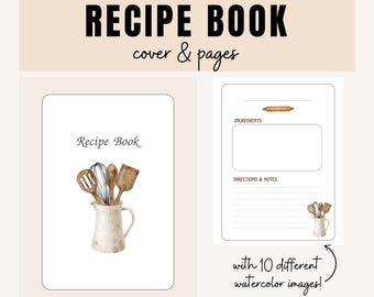 Puede incluir: Una portada y una plantilla de página de libro de recetas imprimible con ilustraciones de acuarela de utensilios de cocina en una jarra. La portada dice "Libro de recetas" y la página tiene secciones para ingredientes e instrucciones.