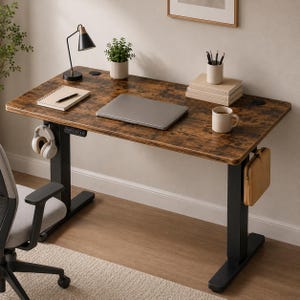 May include: A height-adjustable standing desk with a dark brown wood-grain surface and black metal legs. The desk features a digital control panel, a laptop, a notebook with a pen, a desk lamp, a potted plant, a mug, and a hanging storage pouch.