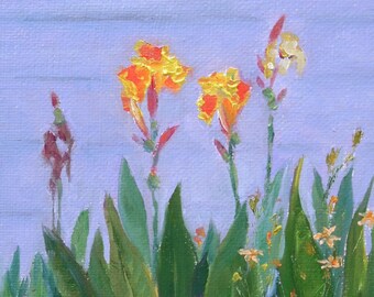 Canna Lilies Painted from My Pool, Oil Painting on Canvas 5x7 Inches