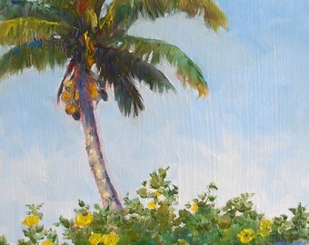 Oil Painting, Coconuts and Allamandas 6x8 Landscape Art