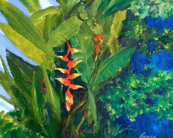 Oil Painting, Heliconia Painted from My Pool 5x7 Landscape Art