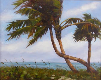 Print of Landscape Palm Painting, Crossed Palms, Giclee on Stretched Canvas from Original Oil Painting