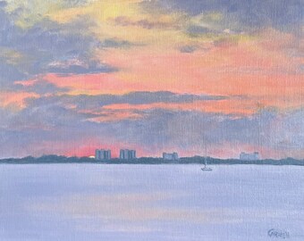 Sunset on the Lagoon, 14x11 Original Florida Oil Painting