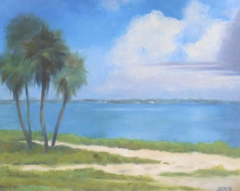 Original Oil Painting, "Sunshiny Day," 10x8 on Canvas Panel, Palms and River with Clouds