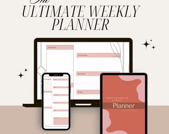 May include: A digital planner displayed on a laptop screen, a smartphone, and a tablet. The planner is designed to help you master your week. The laptop screen shows a weekly planner with sections for important tasks, Wednesday, Thursday, and Friday. The smartphone shows a monthly calendar for September. The tablet shows a pink and orange abstract design with the text "Master Your Week, The Ultimate Planner".