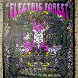 May include: A rectangular poster for Electric Forest 2026 featuring a central pink and purple fox with a third eye. The design includes intricate geometric patterns, circuit board motifs, floral elements, and a list of musical artists.
