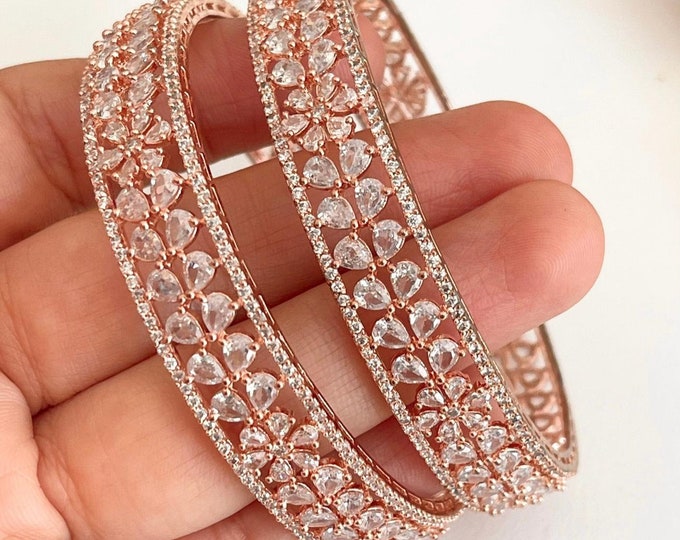 Rose gold American diamond bangle pair / Cz stone rose gold kada/Rose gold bracelet/indian bangles/Indian Jewelry /bridal jewelry
