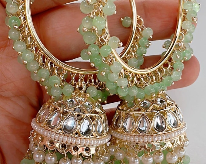 Big Bali hoops Mint Earrings/ Punjabi Bali Hoops /Indian Earrings/ Indian Wedding Sangeet Jewelry / Kundan Jhumka //Bridesmaid Jewelry