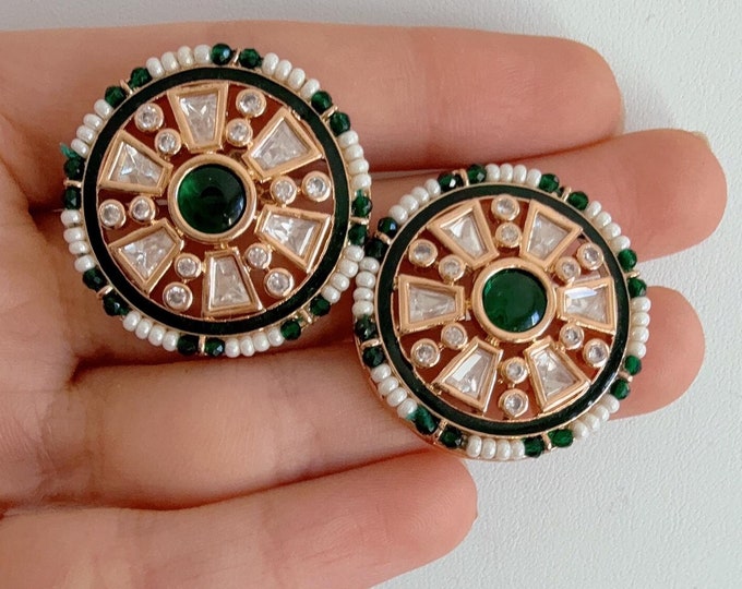Green Moissanite Kundan Studs /Indian Jewelry /Statement Stud Earring/Kundan Stud Earrings/Cz Green Studs/Diamond Studs