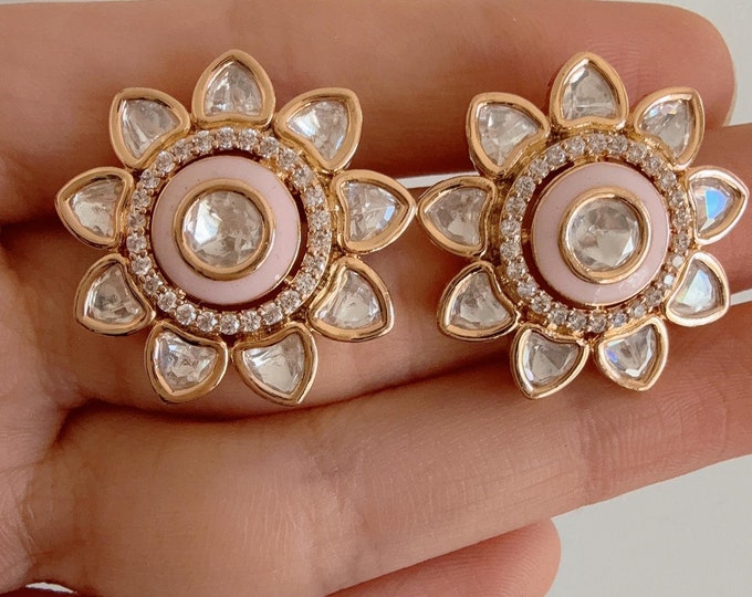 Baby Pink Moissanite Kundan Studs /Indian Jewelry /Statement Stud Earring/Kundan Stud Earrings/Cz Studs/Diamond Studs