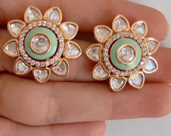 Mint Moissanite Kundan Studs /Indian Jewelry /Statement Stud Earring/Kundan Stud Earrings/Cz Studs/Diamond Mint Studs