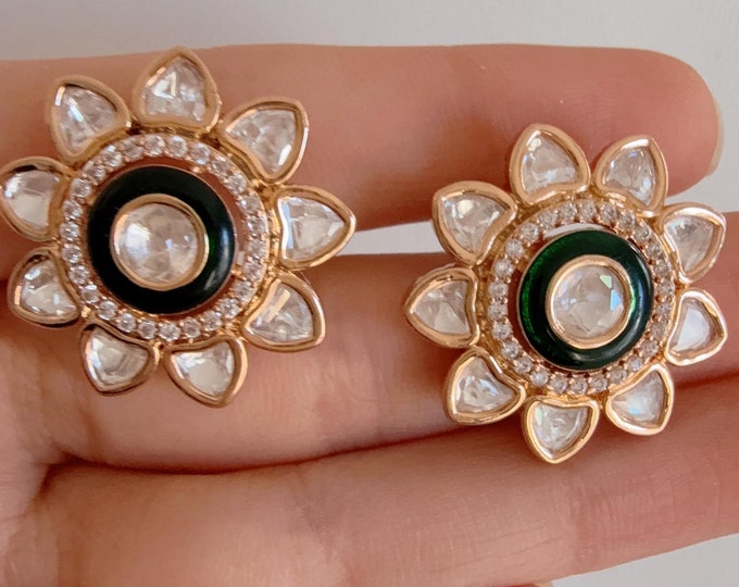 Green Moissanite Kundan Studs /Indian Jewelry /Statement Stud Earring/Kundan Stud Earrings/Cz Studs/Diamond green Studs