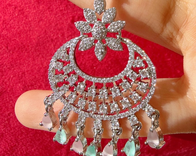 Diamond Rhodium  Mint pink  Maang tikka/ Indian Wedding Jewelry/ Matha patti/ Indian forehead jewelry Diamond Mint pink Tikka Indian Jewelry