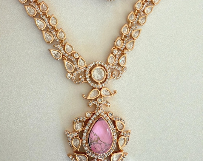 Pink firestone Kundan Jewelry Moissanite  necklace set/Polki Kundan Stone bridal Necklace / Indian Bridal Jewelry/Indian Wedding jewelry