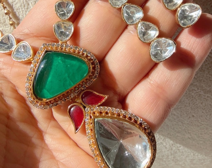 Ruby Green  Moissanite necklace / Long  Kundan Jewelry Moissanite necklace chain set / Indian Bridal Jewelry/Indian Wedding jewelry