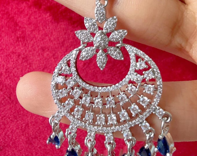 Diamond Rhodium silver Blue  Maang tikka/ Indian Wedding Jewelry/ Matha patti/ Indian forehead jewelry Diamond blue Tikka Indian Jewelry