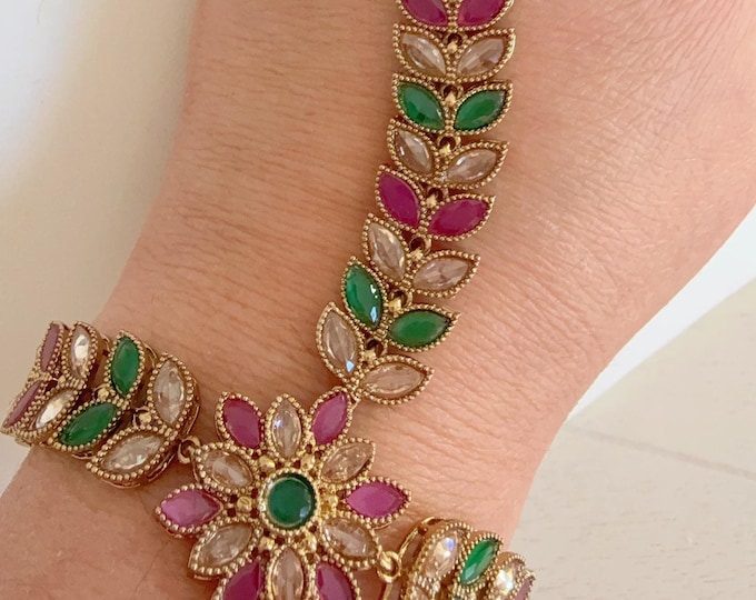 Ruby Green  Polki Pearl Kundan Hath Paan single /hand harness/Indian Jewelry/Hand Jewelry/Haath phool/Hand Chain Bracelet for Her