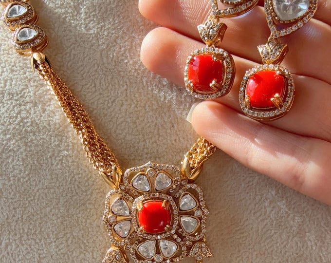 Coral firoza classy combination Moissanite  Long necklace chain Set/Kundan Moissanite Necklace/Indian Bridal Jewelry/Kundan Wedding Jewelry