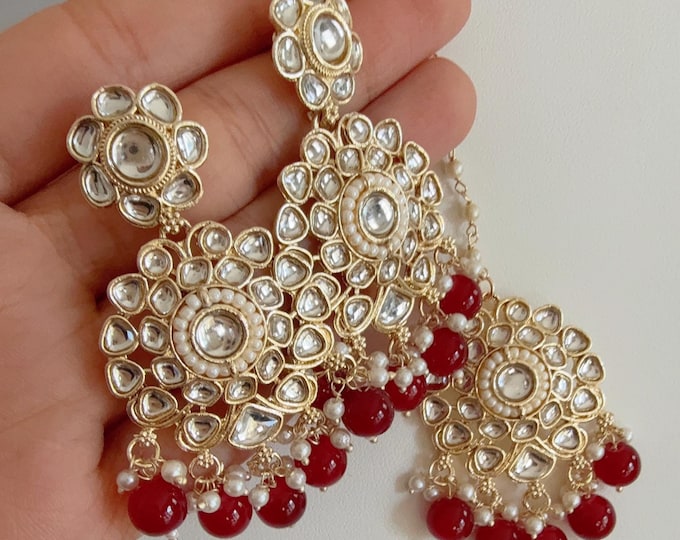 Maroon gold Kundan Tikka w/Earring Set/ Indian jewelry/Bridesmaid jewelry/Kundnan jewelry set/Pearl Elegant Maang Tikka