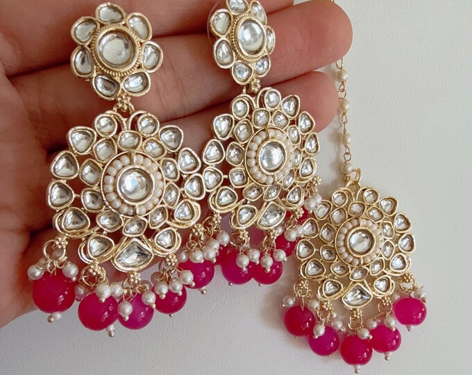 Rani Pink Gold Polki Tikka/ Kundan Tikka w/Earring Set/ Indian jewelry/Bridesmaid jewelry/Kundnan jewelry set/Pearl Magenta Maang Tikka
