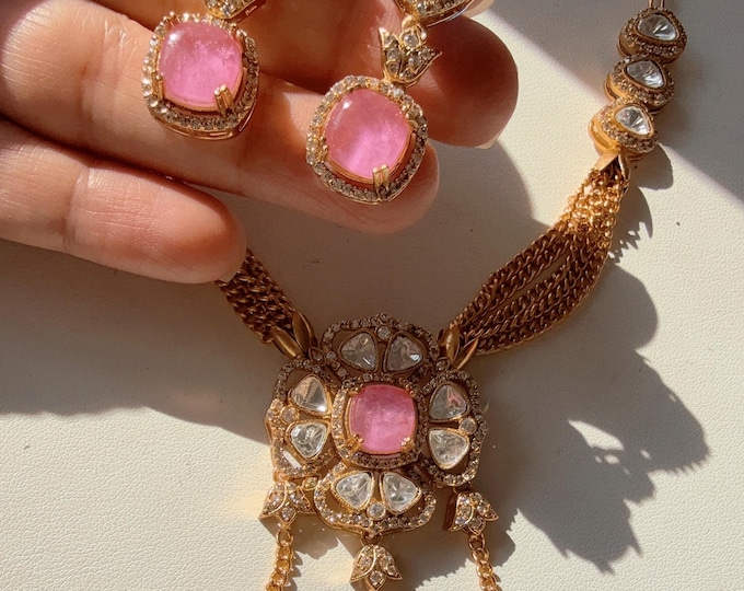 Baby Pink Mint classy combination Moissanite  Long necklace chain Set/Kundan Moissanite Necklace/Indian Bridal Jewelry/Kundan  Jewelry