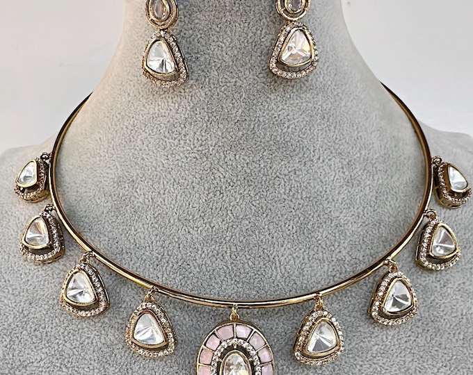 Polki Kundan Moissanite Pink hasli  necklace /Polki Kundan Stone wedding Necklace / Indian Bridal pink Jewelry/Indian Wedding jewelry