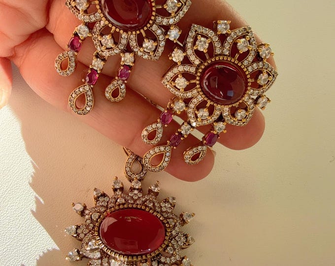 Ruby  Moissanite long necklace Mala with studs Set/Kundan Moissanite long Necklace/ Indian Bridal Jewelry/Kundan Wedding Jewelry