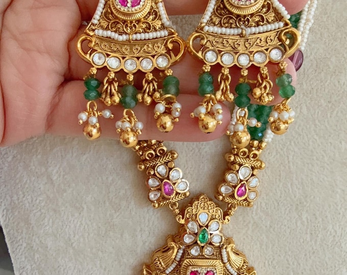 Traditional Uncut Polki Kundan green Meenakari handwork Bridal necklace /Indian wedding jewelry/Kundan Polki Temple Long Necklace Set