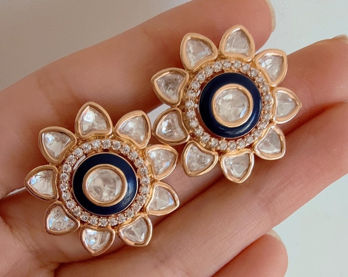 Blue Moissanite Kundan Studs /Indian Jewelry /Statement Stud Earring/Kundan Stud Earrings/Cz Studs/Diamond Blue Studs