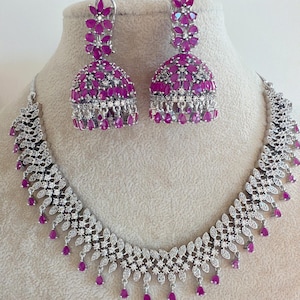 Ruby CZ diamond necklace  /Indian jewelry/ CZ bridal necklace/Bridal diamond jhumka choker/Indian Necklace/Ruby Silver CZ Diamond necklace/