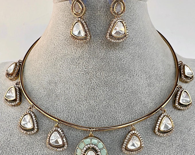 Polki Kundan Moissanite Mint hasli choker/Polki Kundan Stone Double Layer Necklace / Indian Bridal  Jewelry/Indian Wedding jewelry