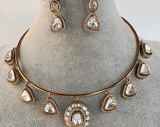 Polki Kundan Moissanite gold hasli choker/Polki Kundan Stone wedding Necklace / Indian Bridal hasli Jewelry/Indian Wedding jewelry