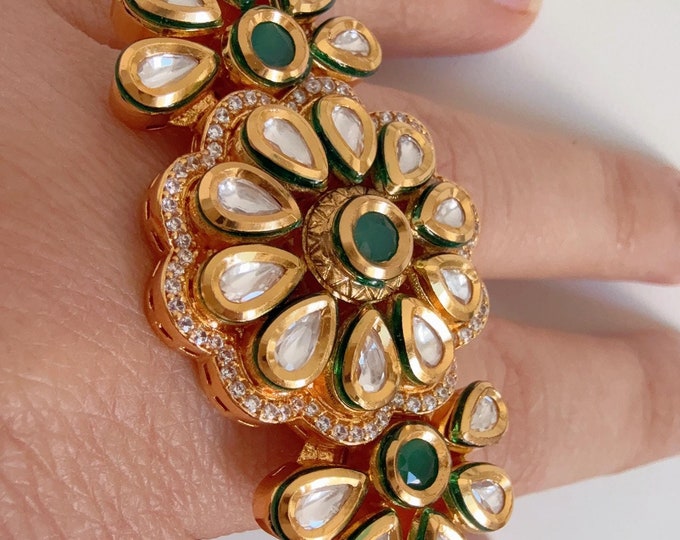 Bridal Kundan Moissanite kundan  Oversized Ring/green bridal Ring/Double Finger Kundan Statement Ring /Two Finger Kundan ring